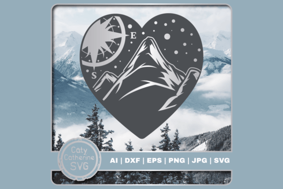 Mountains Compass Love Heart SVG for Crafts and Graphics